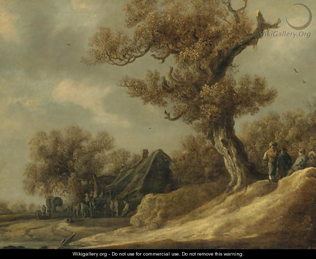 A dune landscape with peasants talking under a tree, an inn with travellers beyond - Jan van Goyen