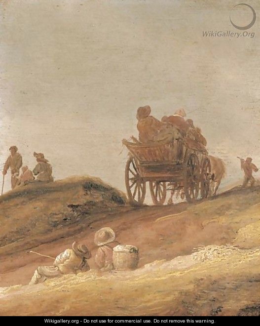 A dune landscape with peasants in a horsedrawn cart and travellers resting on a path - Jan van Goyen