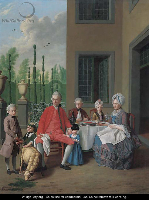 Group portrait of the van den Bosch family, dining by a house, a topiary garden beyond - Jan Jozef, the Younger Horemans