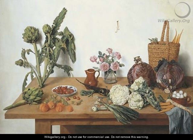 Cauliflower, onions, peaches, cherries, artichokes, roses in a glass vase, a jug, a basket with carrots, cabbages and eggs with a blue cloth - Jan Jozef, the Younger Horemans