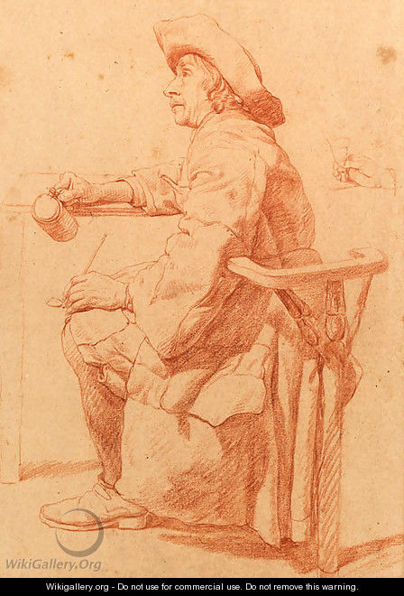 A Man seated at a Table holding a Pul and a Pipe, a subsidiary study of his hand holding a glass - Jan Jozef, the Younger Horemans