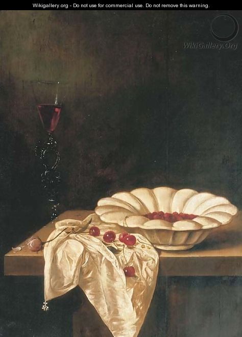 Wild strawberries in a glazed earthenware bowl with a facon de Venise of red wine, a pink rose and cherries on a partially draped wooden ledge - Jan Jansz. Van De Velde