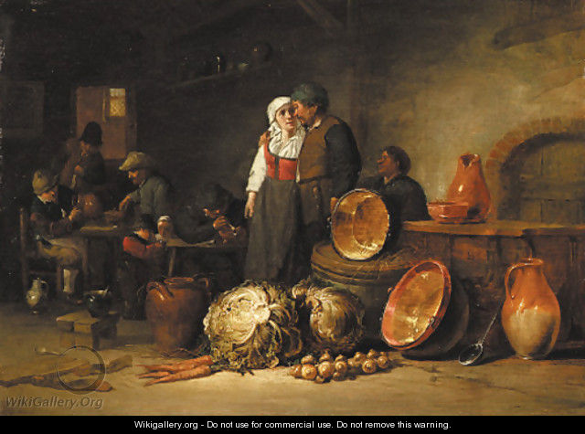 A couple standing by pots and pans in a stable, boors smoking and drinking at tables beyond - Jan Jansz. Van Buesem