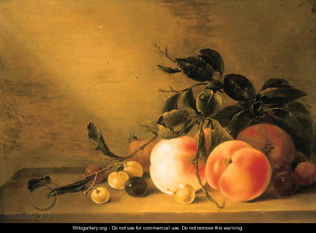 Peaches and other fruit an apple, an apricot, plums and cherries - Jacob Matham