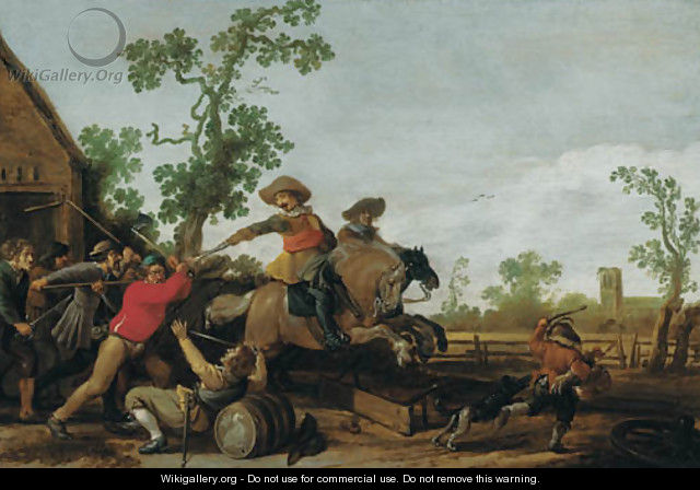 Villagers attacking cavalry outside a cottage - Jacob Martsen de Jonge