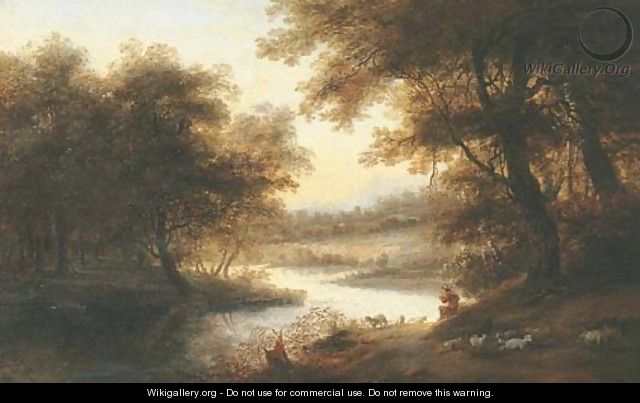 A wooded river landscape with a shepherd and his flock - Jan Marienhof