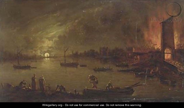 A moonlit riverside town on fire - Jan Ludewick de Wouters