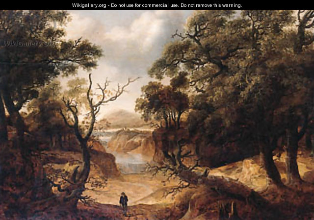 A traveller on a path in a wood, a waterfall beyond - Jan Looten