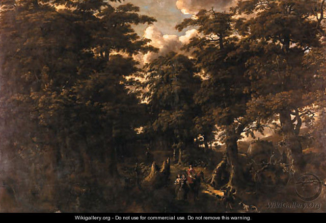 An elegant gentleman on horseback with two lady companions on a path in a wood - Jan Looten
