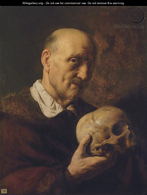 An old man, half-length, in a fur-lined coat, holding a skull - Jan Lievens