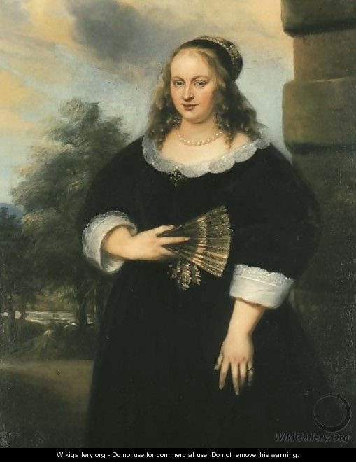 Portrait of a Lady, three-quarter-length, in a black dress with a white lace collar and cuffs, a fan in her right hand, a garden beyond - Jan Lievens