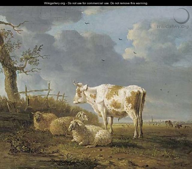 A pastoral landscape with a cow and sheep by a tree - Jan Kobell