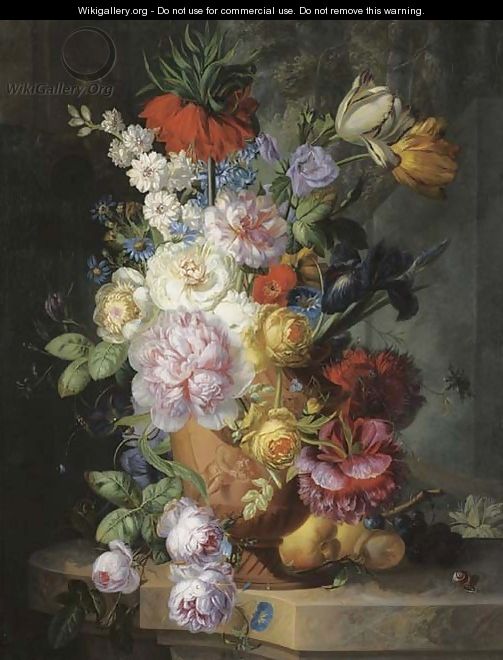 Roses, parrot tulips, an iris, morning glory and other flowers in a sculpted vase - Jan Keldermann