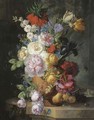 Roses, parrot tulips, an iris, morning glory and other flowers in a sculpted vase - Jan Keldermann