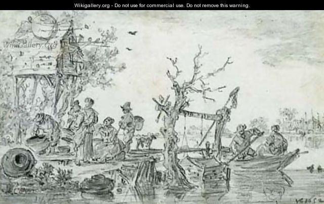 Villagers by a dovecote at a ferry station - Jan van Goyen