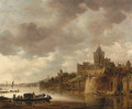 The Valkhof at Nijmegen with a coach and horses on a ferry on the River Waal - Jan van Goyen