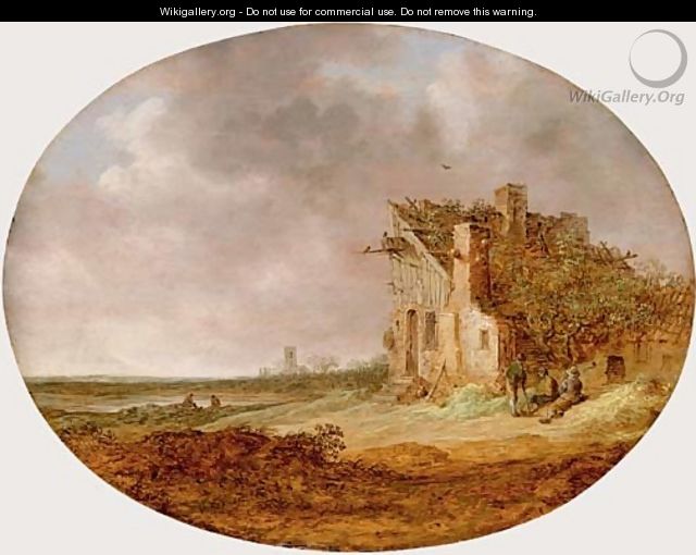 Le Pigeonnier An extensive landscape with peasants sitting on a bank by a dilapidated cottage - Jan van Goyen