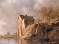 Fishermen in a rowingboat by a landing stage near a ruined castle on a cloudy day - Jan van Goyen