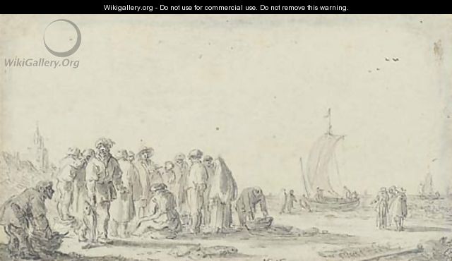 Fisherfolk on a beach, the fishing fleet seen beyond - Jan van Goyen
