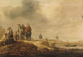 Cavalrymen halted on a riverbank, a windmill beyond - Jan van Goyen