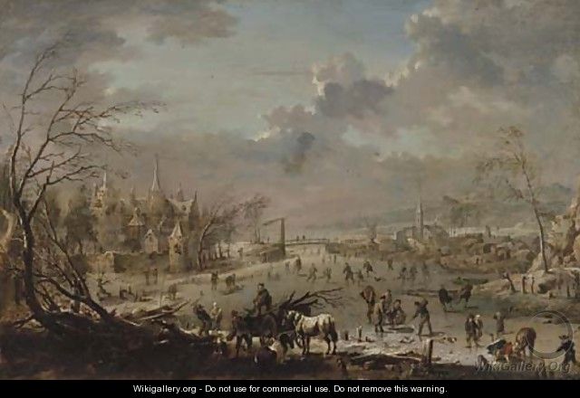 A winter landscape with villagers skating on a frozen river and wood-gatherers - Jan Pieter Van Bredael I
