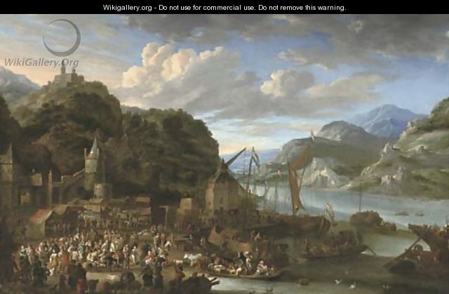 A mountainous river landscape with a harbour town, a market scene in the foreground, a castle on top of a hill beyond - Jan Peeters