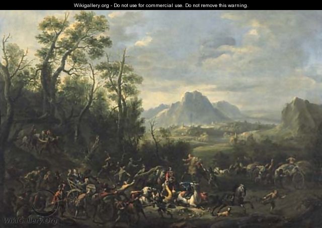 Travellers and peasants on horse and wagons ambushed on a countryroad - Joseph van Bredael