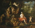 Vertumnus and Pomona, putti decorating a statue of Pan with a swag of fruit, in a landscape - Jan Pauwel II the Younger Gillemans