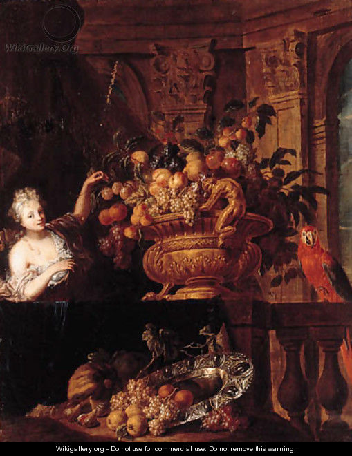 A silver-gilt bowl, grapes, peaches, oranges, figs and a basket of fruit with a monkey and a squirrel on a ledge, with a lady before a portico - Jan Pauwel II the Younger Gillemans