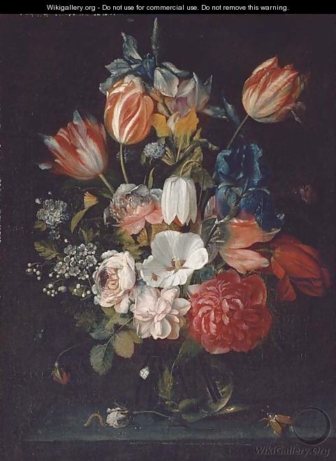 Roses, tulips, irises and other flowers in a glass vase with a rose, a caterpillar and two insects, on a stone ledge - Jan Pauwel II the Younger Gillemans