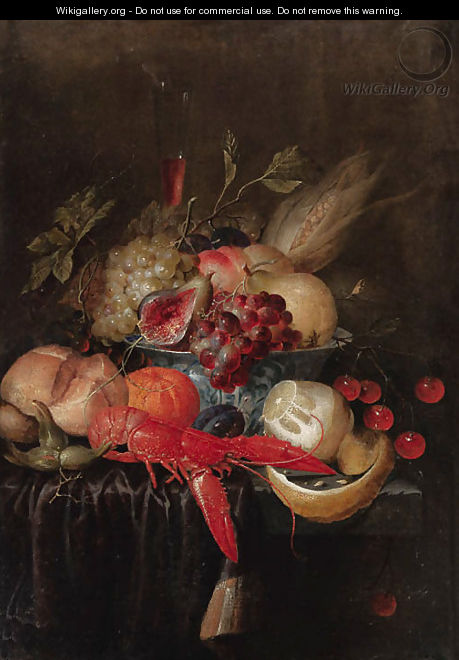 Fruit and a corn cob grapes, pears, peaches, cherries, a corn cob and a figin a blue and white porcelain bowl, a flute of red wine - Jan Pauwel II the Younger Gillemans
