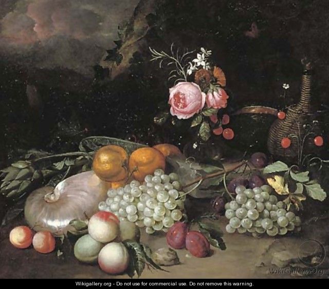 A nautilus shell, an artichoke, oranges, peaches, grapes, a vase with flowers, plums and a bottle in a landscape - Jan Pauwel II the Younger Gillemans