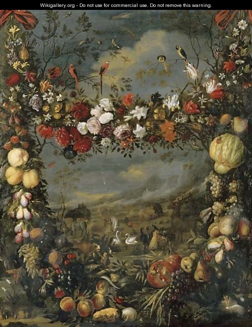 Animals in a landscape surrounded by a garland of flowers - Jan Pauwel Gillemans The Elder
