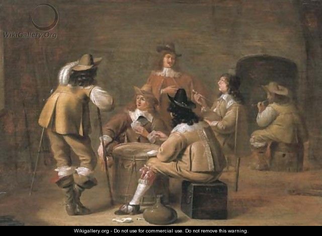 Militiamen smoking and playing cards in an interior - Jan Olis
