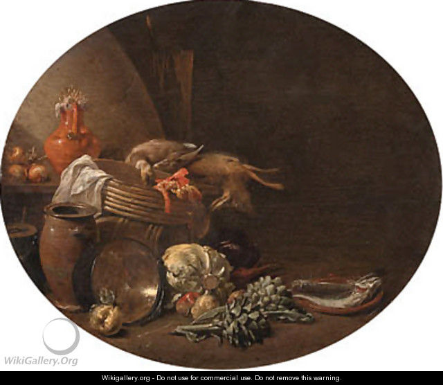 A kitchen interior with a hare and a mallard on a table by a basket with fish on a terracotta plate, apples, artichokes and other vegetables - Jan Olis