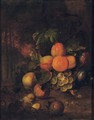 Peaches, plums, grapes, medlars and nuts in a wooded clearing with a butterfly - Jan Mortel