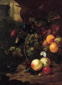 Peaches, plums, grapes on the vine and other fruit in a basket, with a snail, a dragonfly and a mouse, by a rock - Jan Mortel