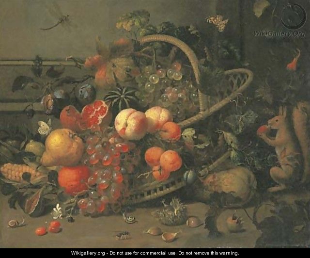 Apricots, peaches, plums, a pomegranate, a watermelon, an orange, a pear and corn in a basket, with cherries, chestnuts, snails, a bee - Jan Mortel