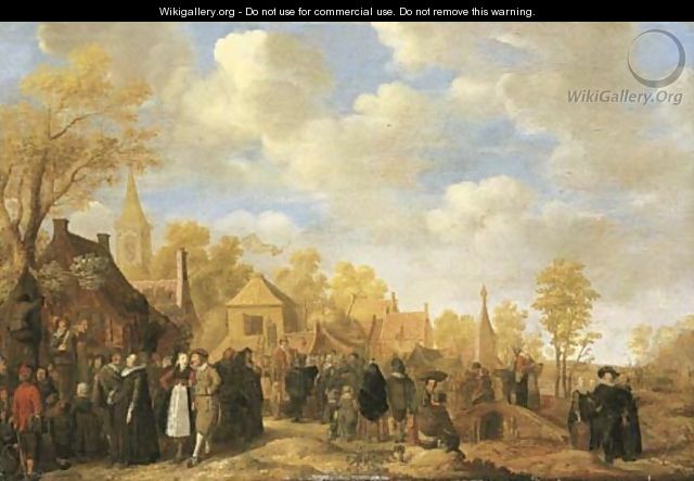 A village landscape with crowds gathering around quack doctors - Jan Miense Molenaer