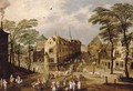 A town landscape with company, townsfolk and wagoners - Jan The Elder Brueghel