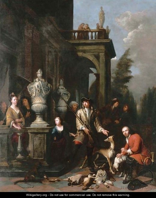 A family hunting group outside a Neoclassical mansion - Jan Baptist Lambrechts