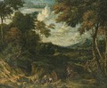 A wooded landscape with classical figures on a path and by a stream, a villa beyond - Jan Baptist Huysmans
