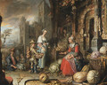 A greengrocer's stall by a gothic style building, a port beyond - Jan Adriansz van Staveren