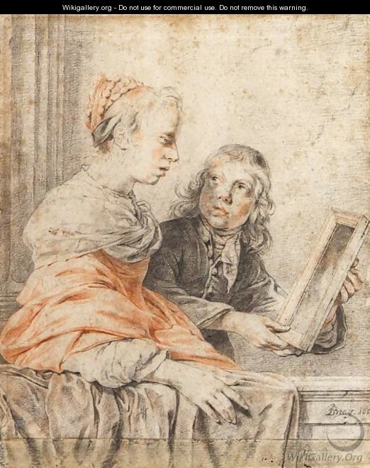A young girl looking at her reflection in a mirror held by a page - Jan De Bray