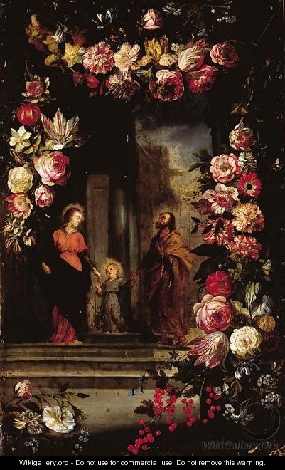 A garland of flowers surrounding The Holy Family - Jan, the Younger Brueghel