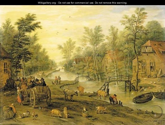 A wooded river landscape with travellers in horse-drawn carts and livestock - Jan, the Younger Brueghel