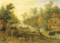 A wooded river landscape with travellers in horse-drawn carts and livestock - Jan, the Younger Brueghel