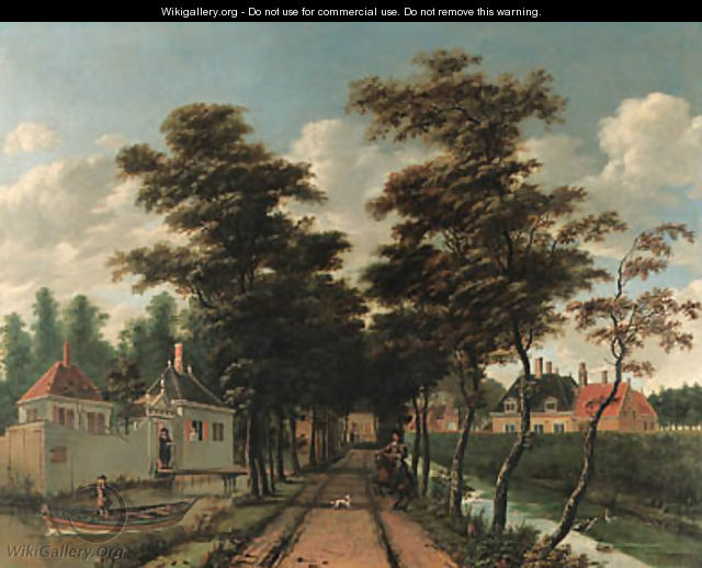 An avenue between two canals with a horseman and a dog - Jan Gabrielsz. Sonje