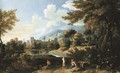 An Roman landscape with peasants resting by a lake with the church of San Andrea Vignola - Jan Frans van Orizzonte (see Bloemen)