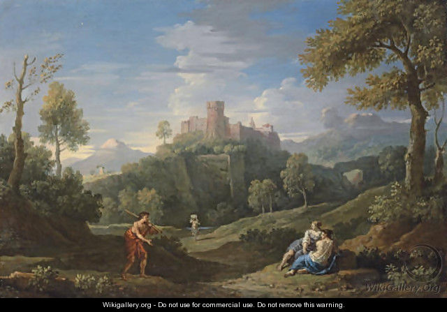 An extensive mountainous landscape with figures on a path, a castle beyond - Jan Frans van Orizzonte (see Bloemen)